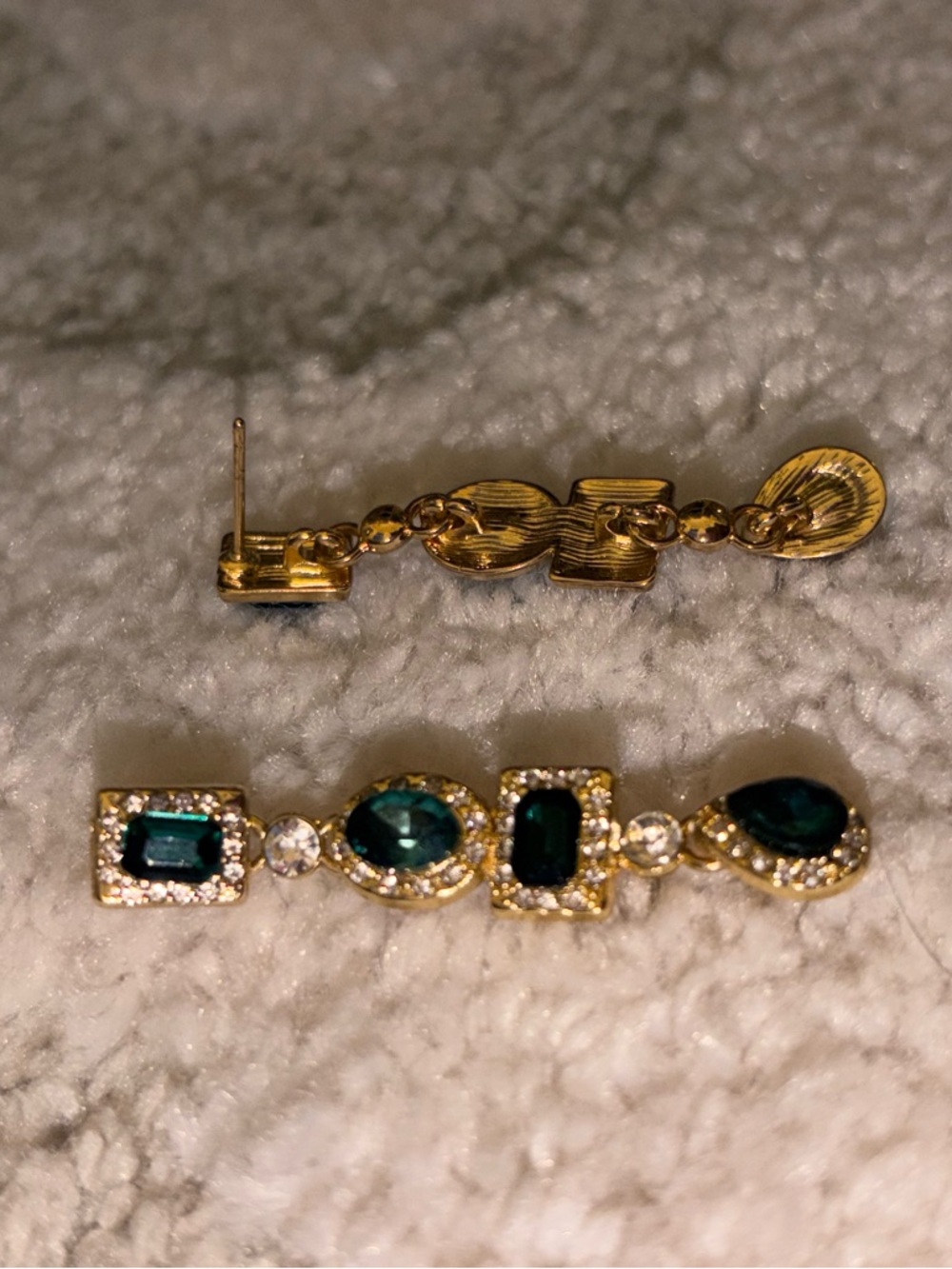 Emerald Green Statement Drop Earrings Gold Rhinestone Glam - Picture 11 of 12